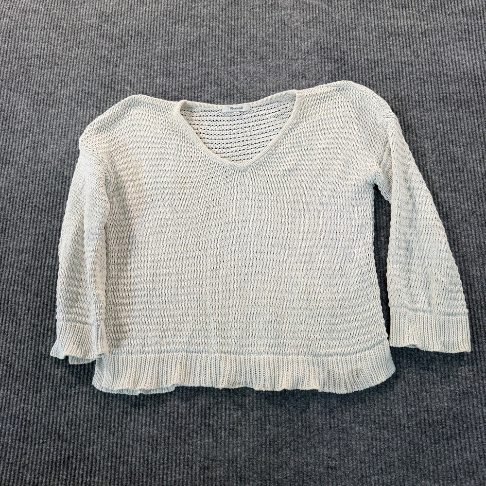 Madewell Womens V Neck Crochet Knit Pullover Sweater Small Gray Open Stitch